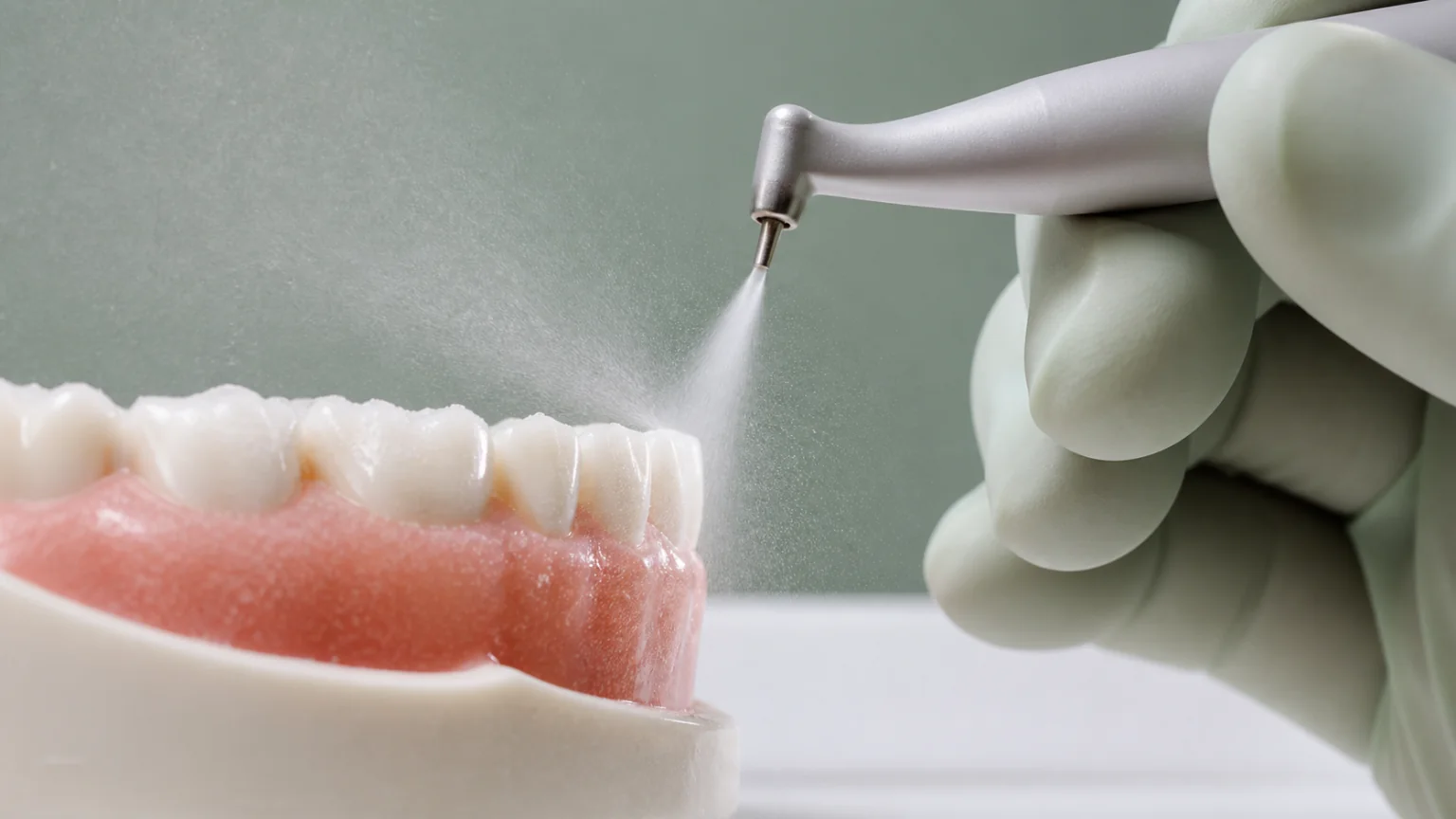 An air-polishing handpiece spraying a fine jet across a dental model