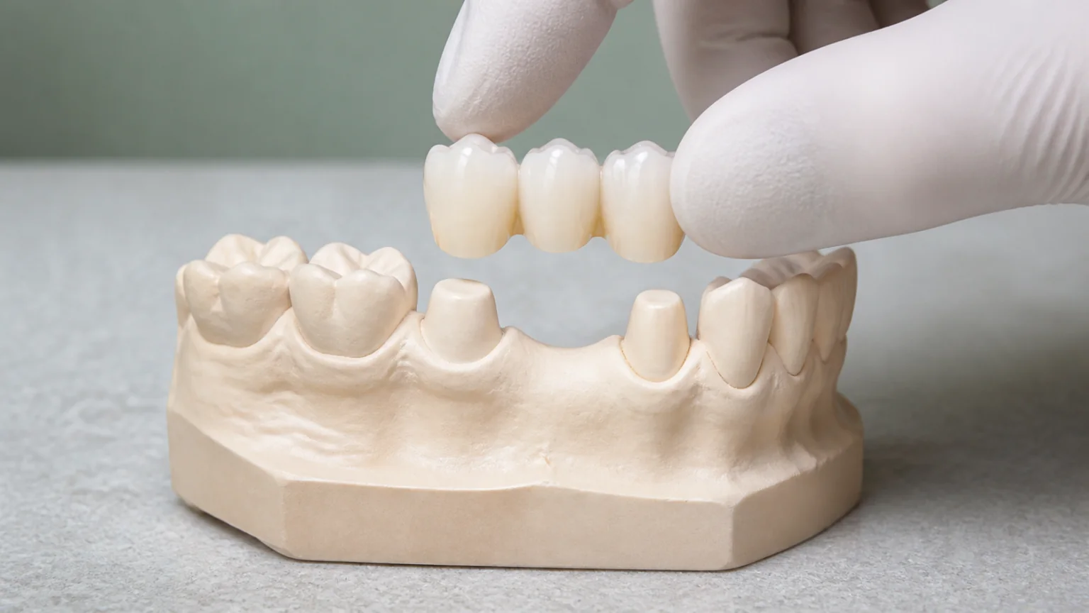 A ceramic dental bridge positioned above its supporting teeth on a study model
