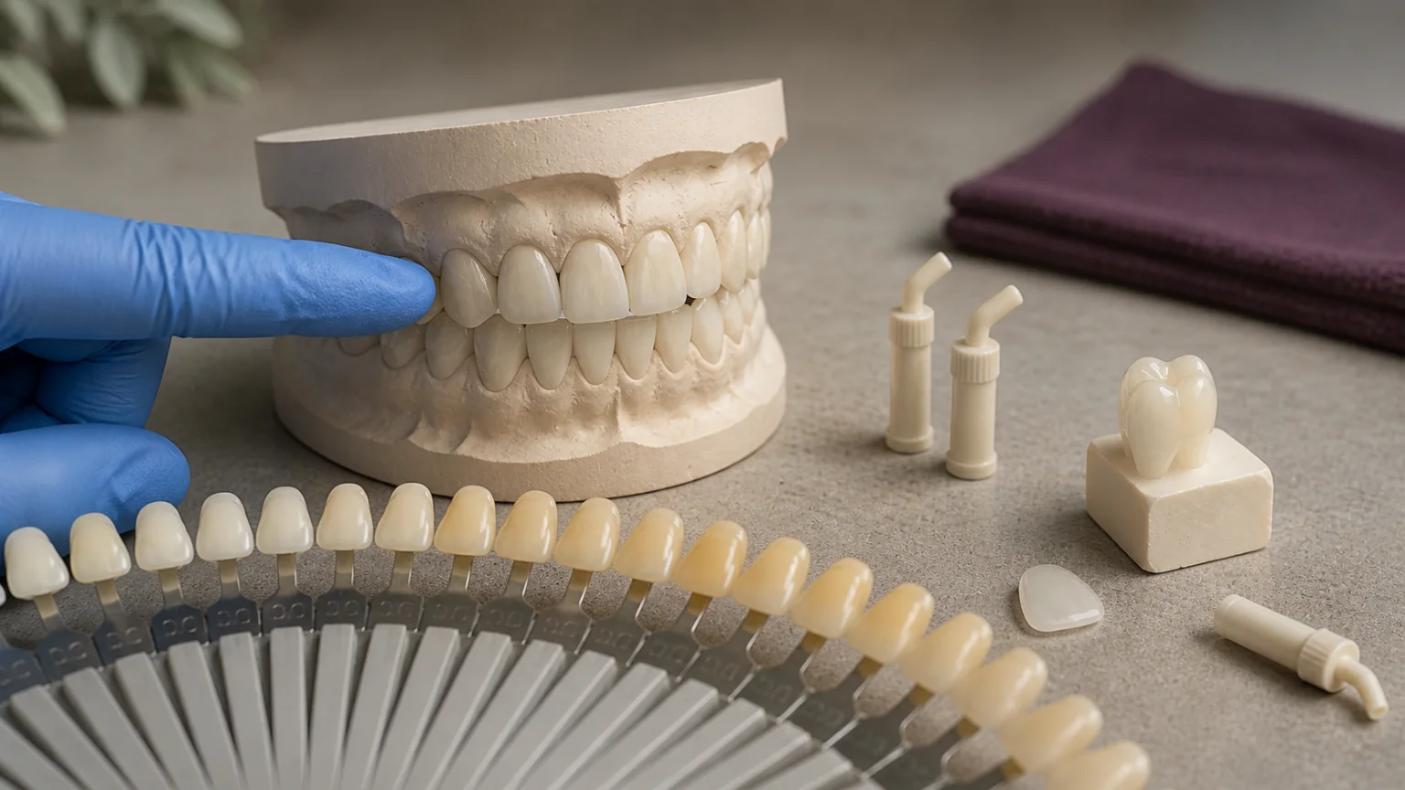 Dental teaching models, a shade guide and cosmetic dentistry materials arranged for an explanation