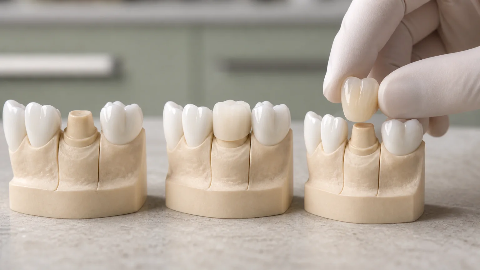 Study models showing a prepared tooth, a temporary crown and a finished ceramic crown