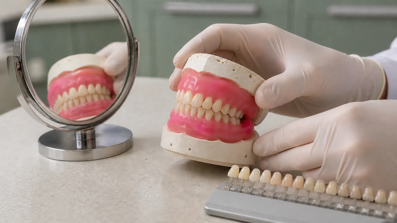 A wax denture try-in held beside a mirror and tooth shade guide