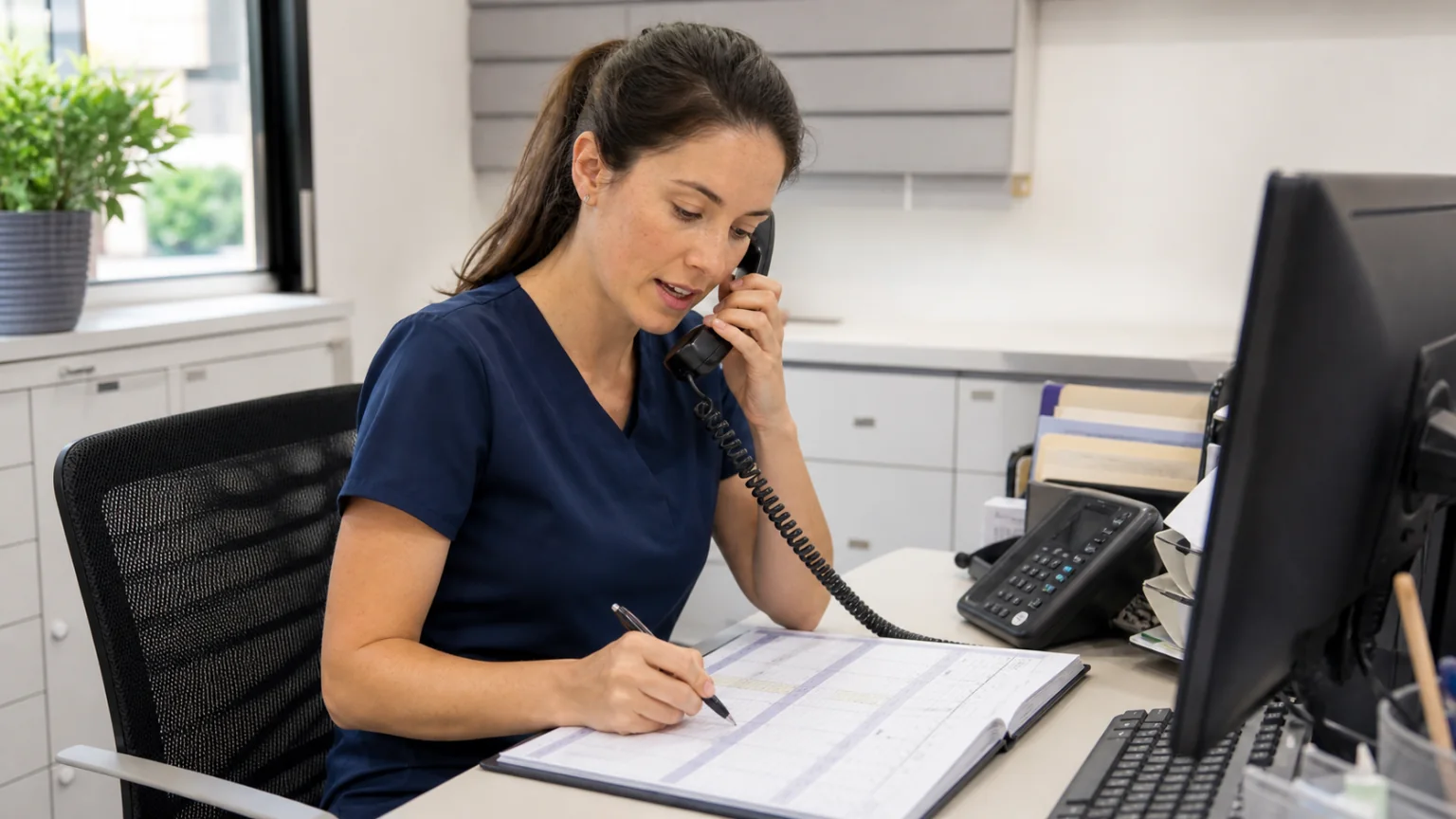 A receptionist answering the phone while checking the urgent appointment schedule