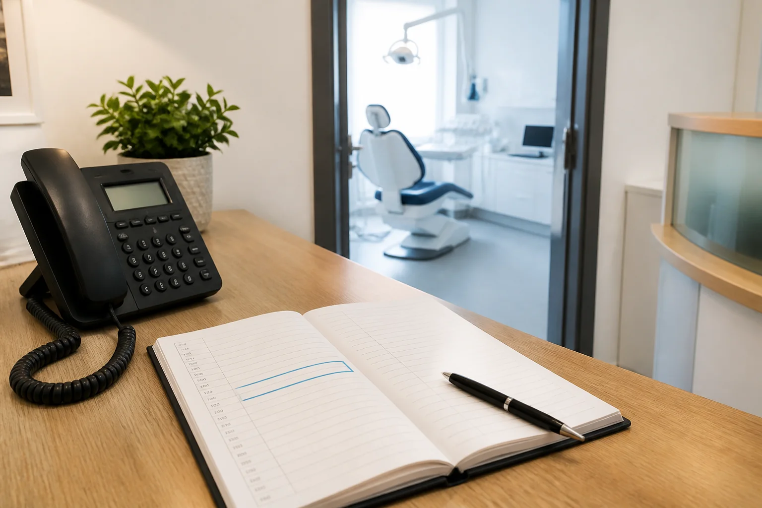 A reception phone and appointment diary beside an open doorway to an empty treatment room