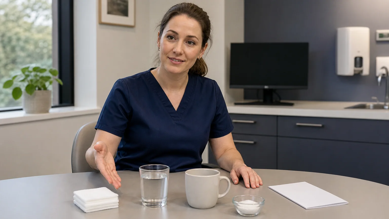 A clinician explaining extraction aftercare beside gauze, water and salt