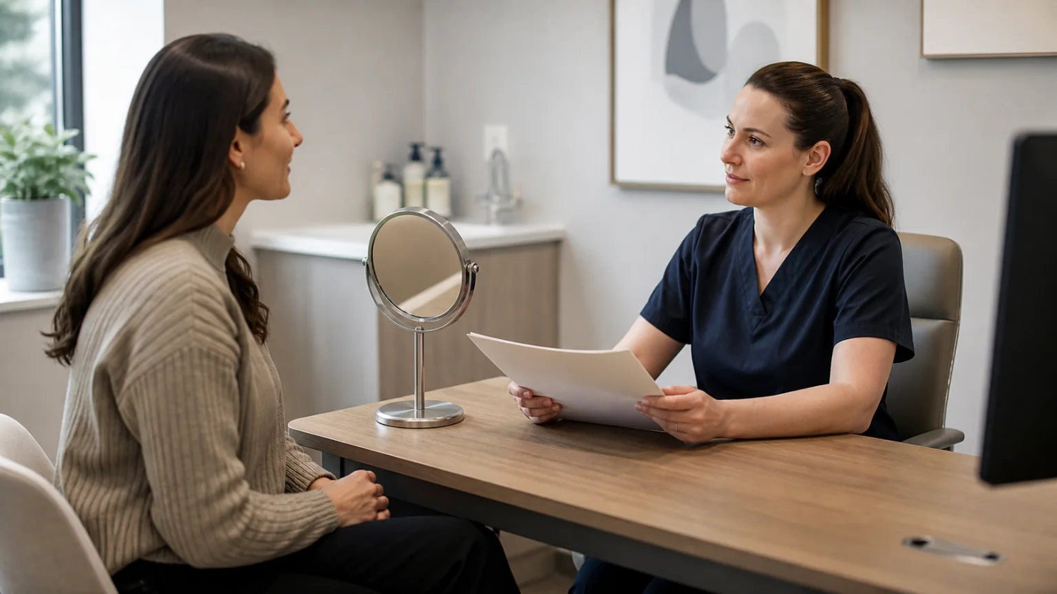 A clinician and patient discussing a facial aesthetics assessment across a desk