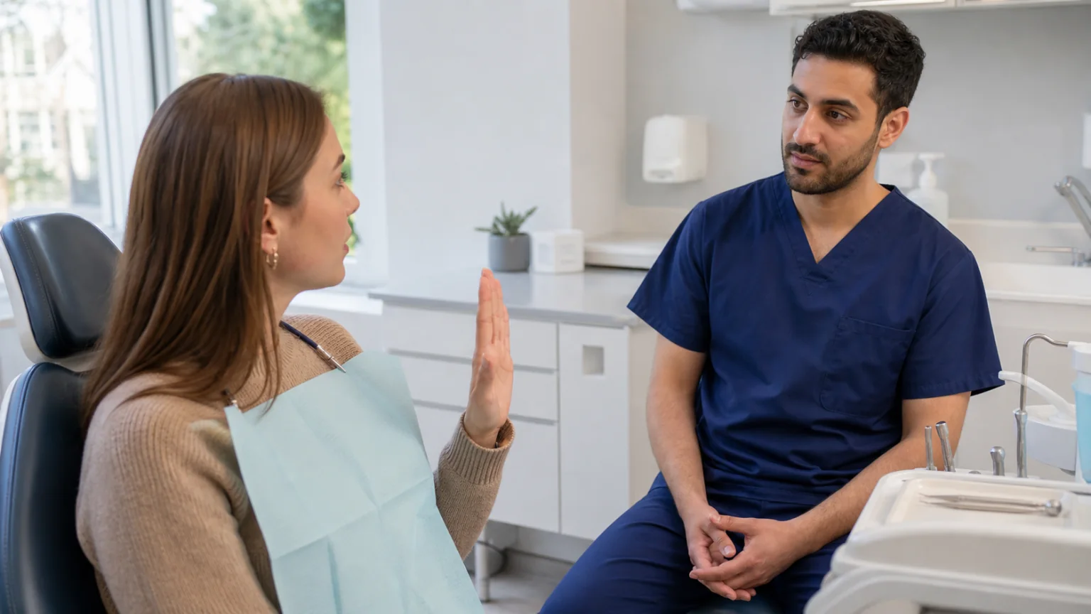 A patient raising their hand to pause an appointment while the dentist listens