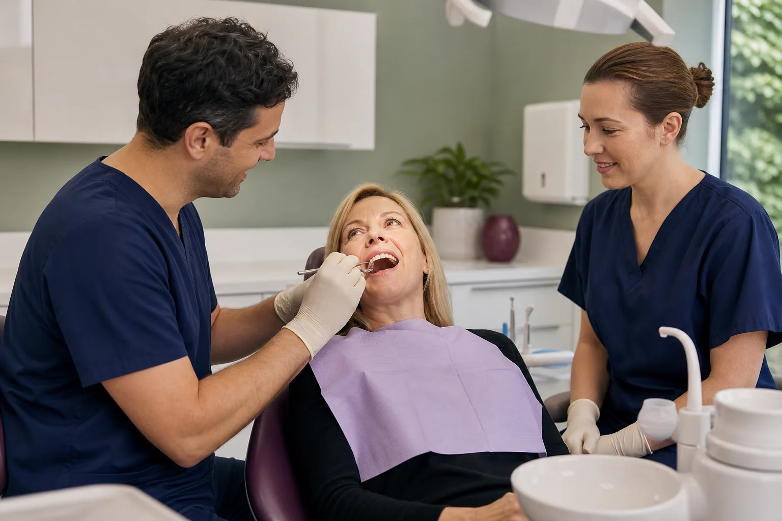 A dentist carrying out a routine examination with a dental nurse assisting