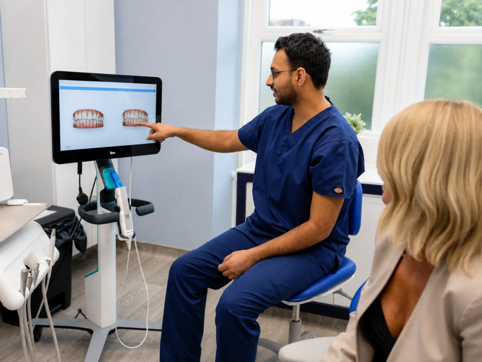A dentist showing a new patient a digital scan of their teeth