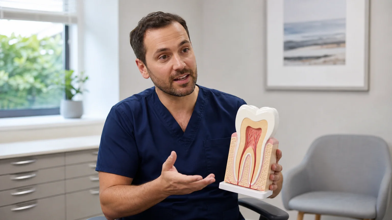 A dentist explaining the inside of a tooth using an anatomical model