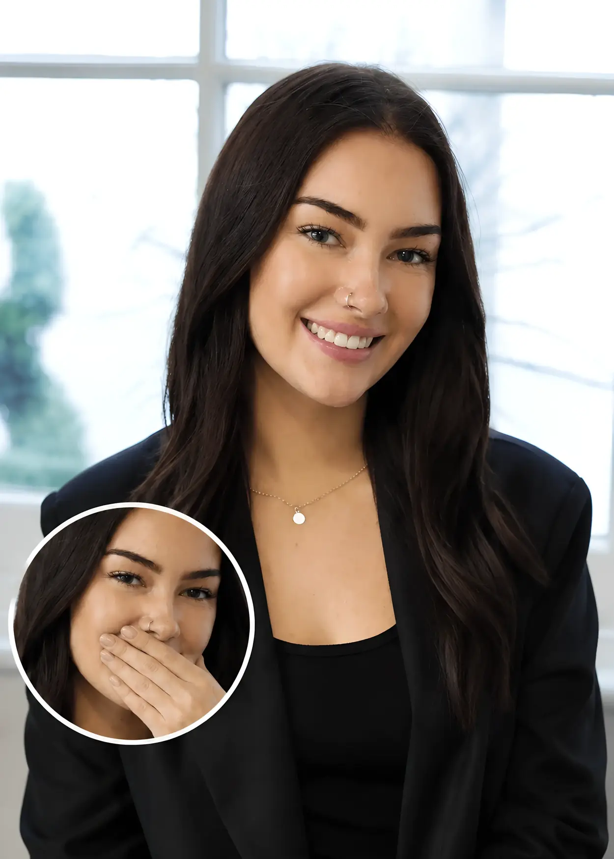 A smiling woman in a black blazer in front of a bright window, with a smaller inset picture of her covering her mouth with her hand