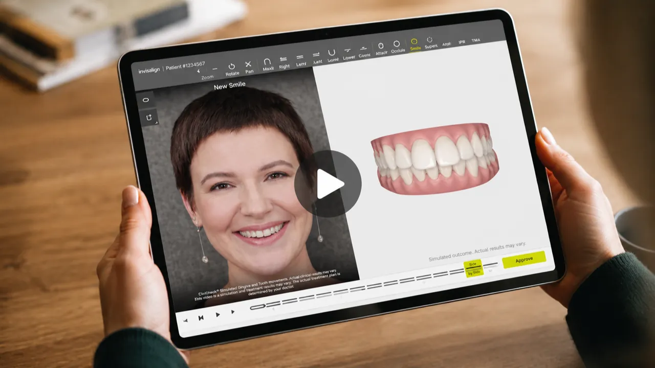 A tablet held in both hands, showing a patient's face beside a three-dimensional model of their teeth