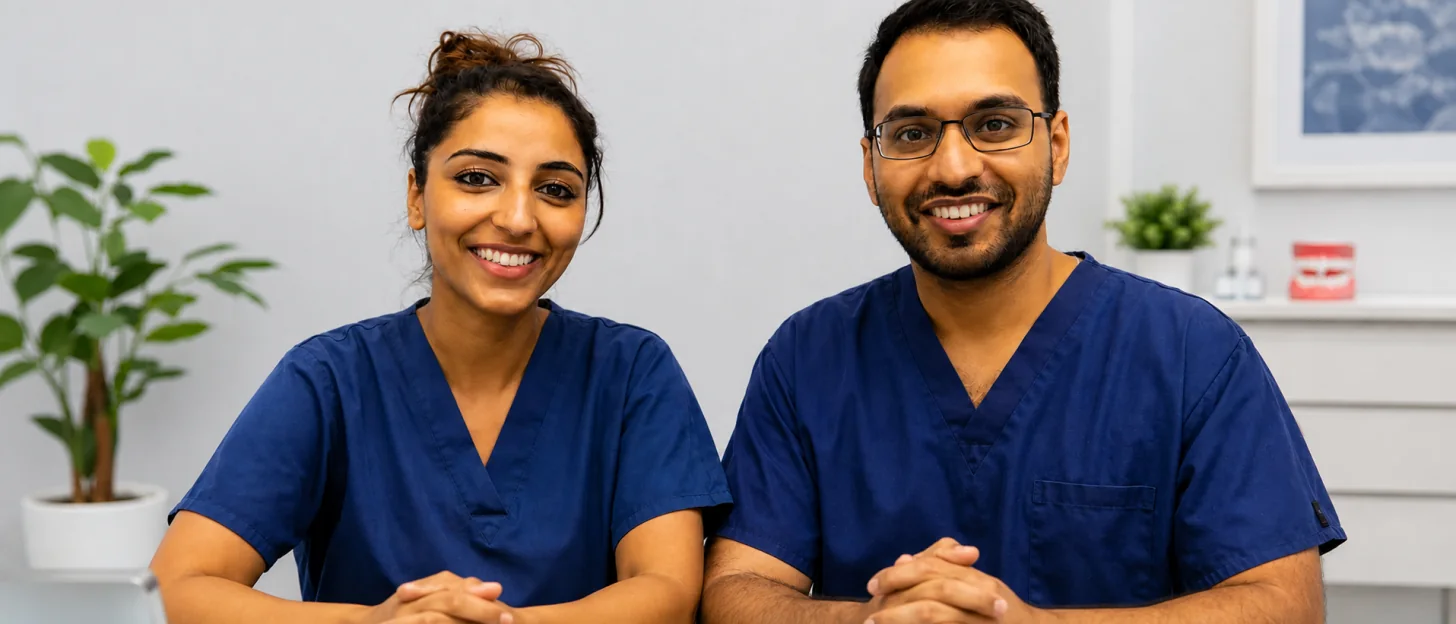 Two members of the clinical team seated at a desk in the practice